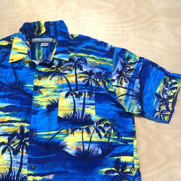 Ocean Current Men’s Hawaiian Shirt Blue & Yellow Size L Palm Tree Print - Picture 2 of 7